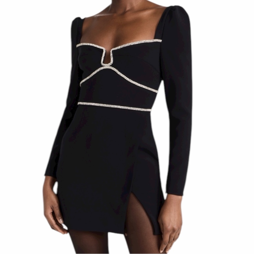 Self Portrait Black Crepe Diamante Detail Mini Dress, Size 8